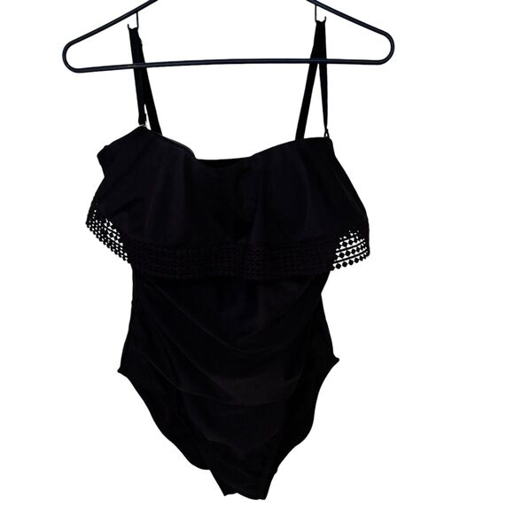 Black One Piece Ruffled Tank Swimsuit Kona Sol Large Removable Straps NWOT - Picture 1 of 7